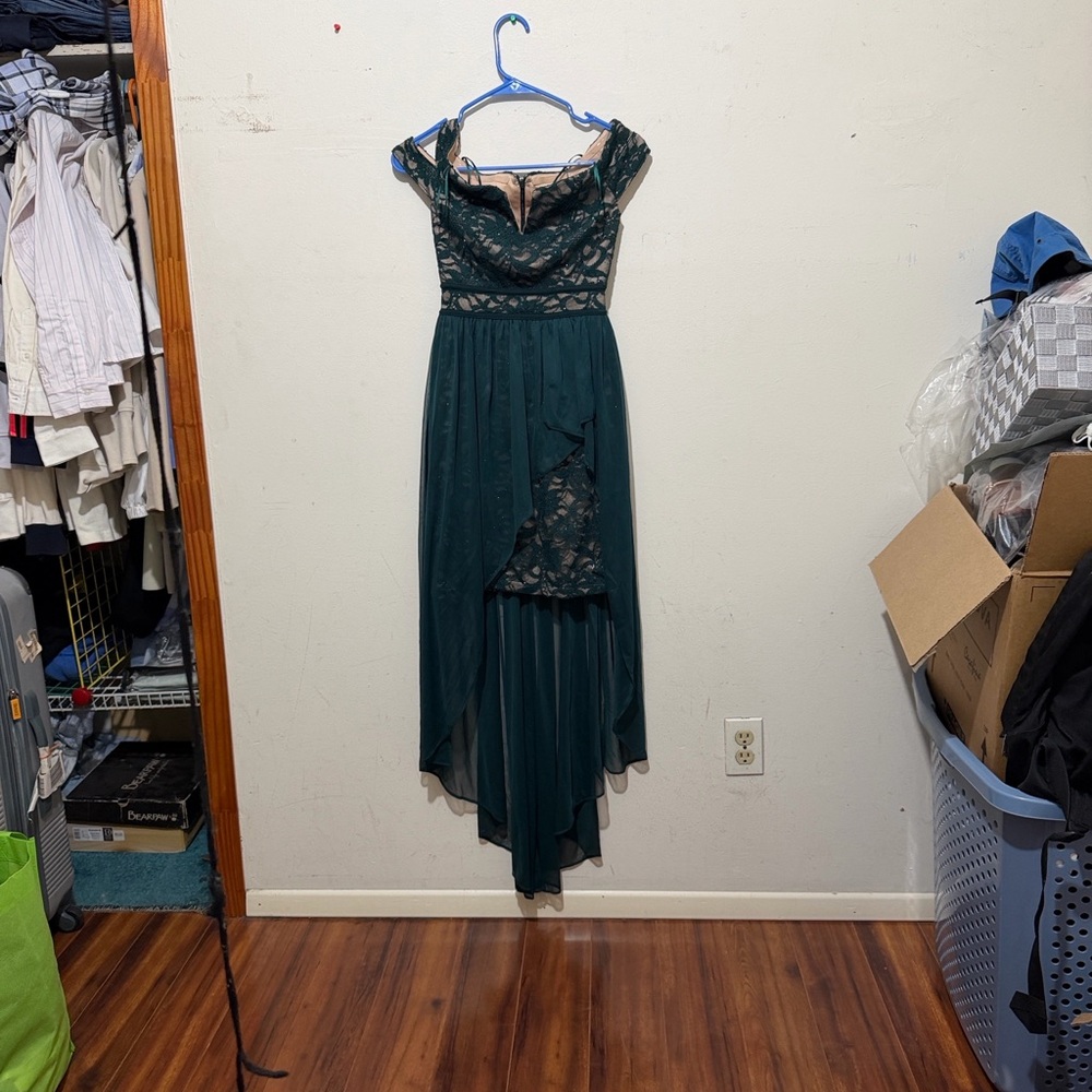 Morgan & Co. Dark Green Off-Shoulder High Low Dress